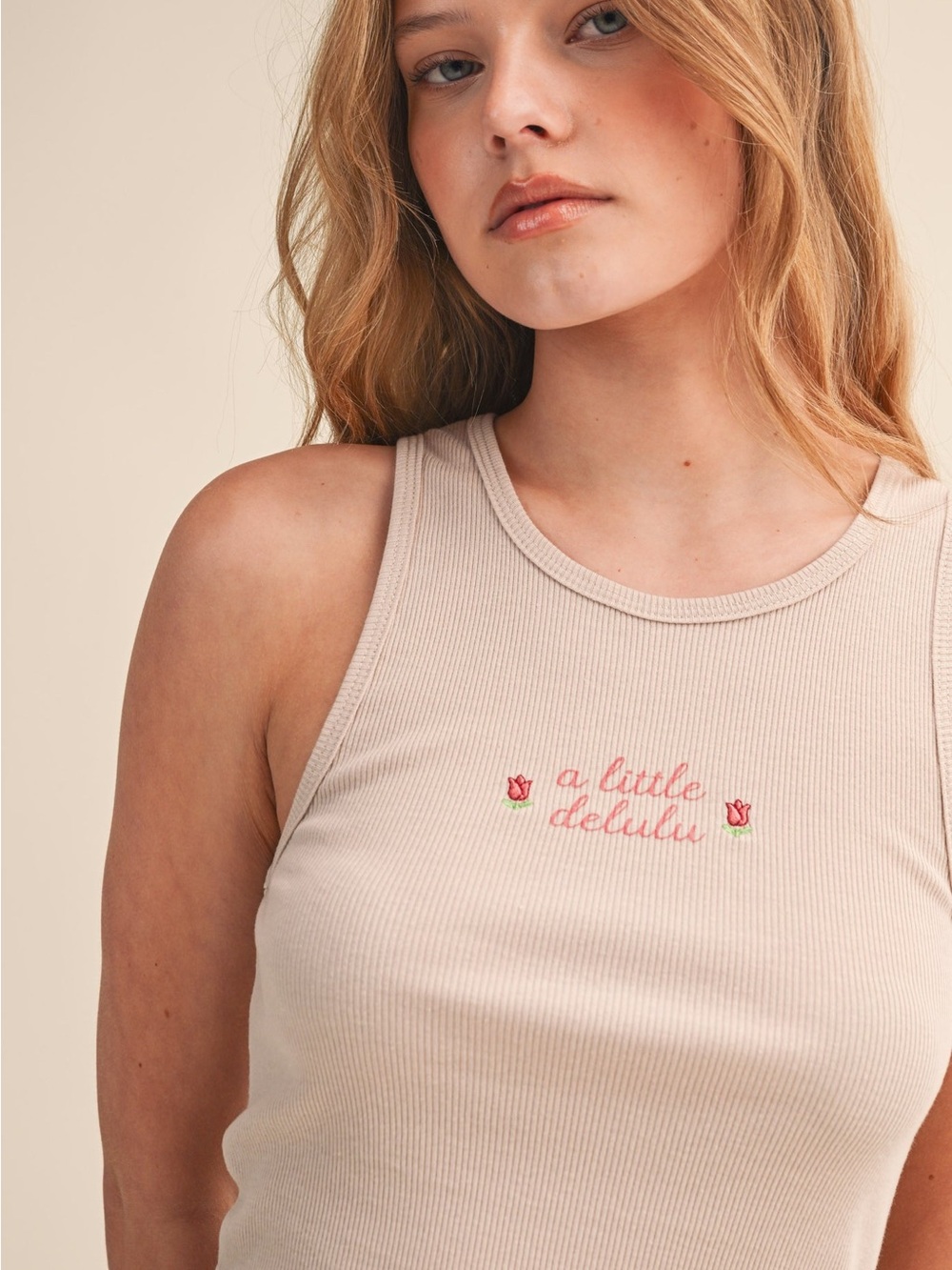 🌹 NWT | Dirty Laundry | Ribbed Tank with Embroidered Flowers Delulu Script | L